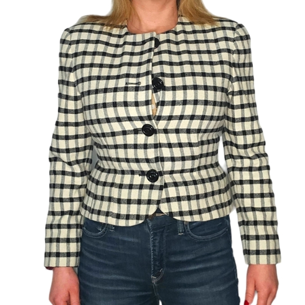 Anne Klein Button-Up Checkered Peplum Blazer Size 8 Black White